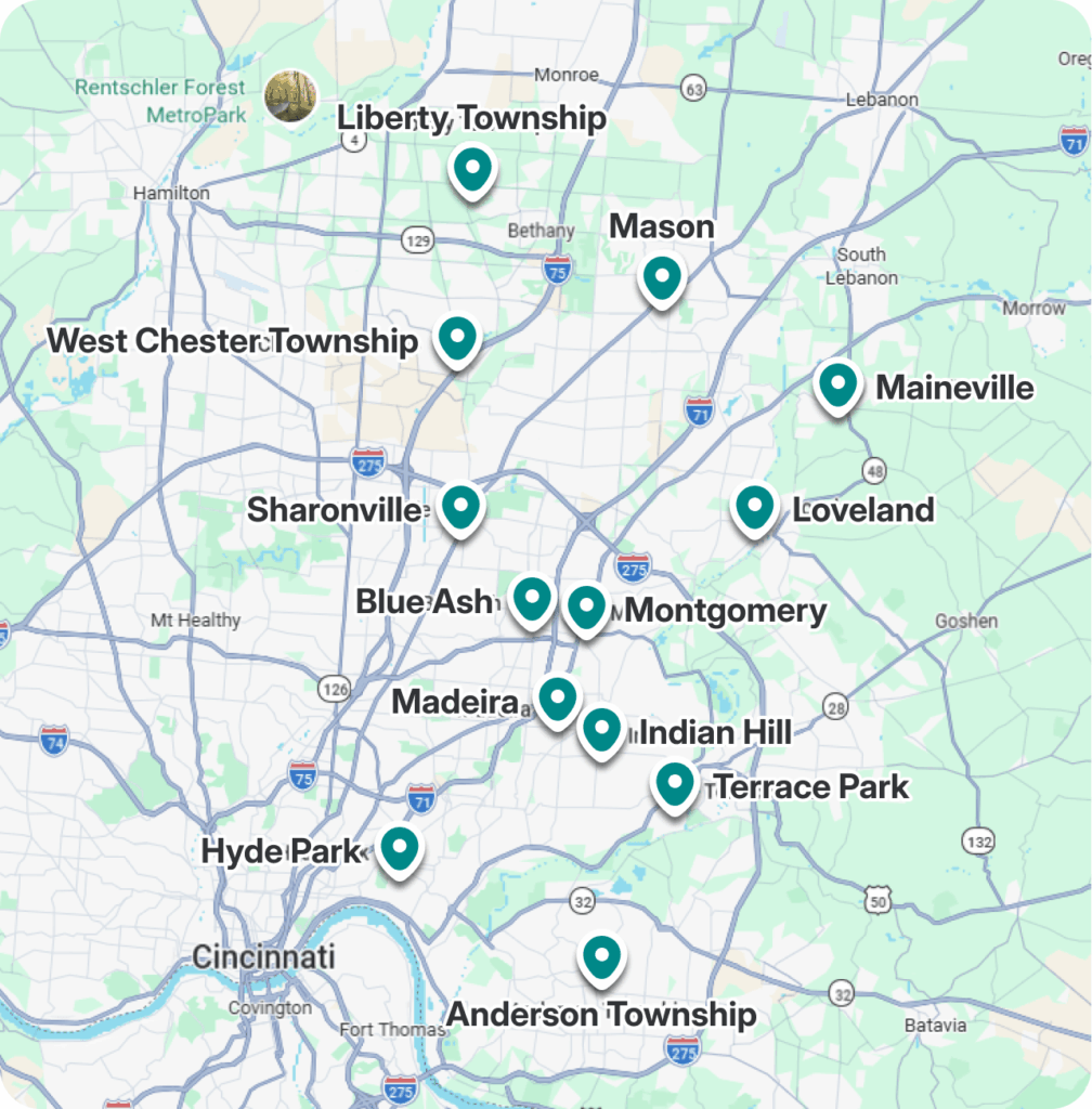 Map of Cincinnati service areas across Hamilton, Butler and Warren Counties