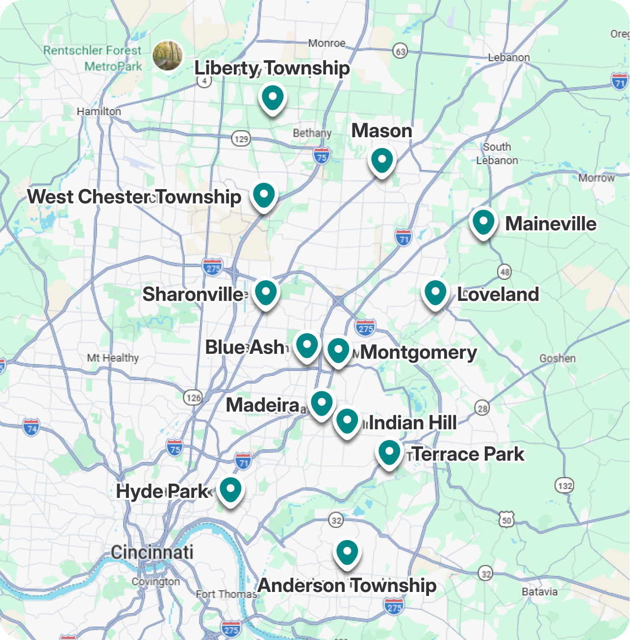Map of Cincinnati service areas across Hamilton, Butler and Warren Counties